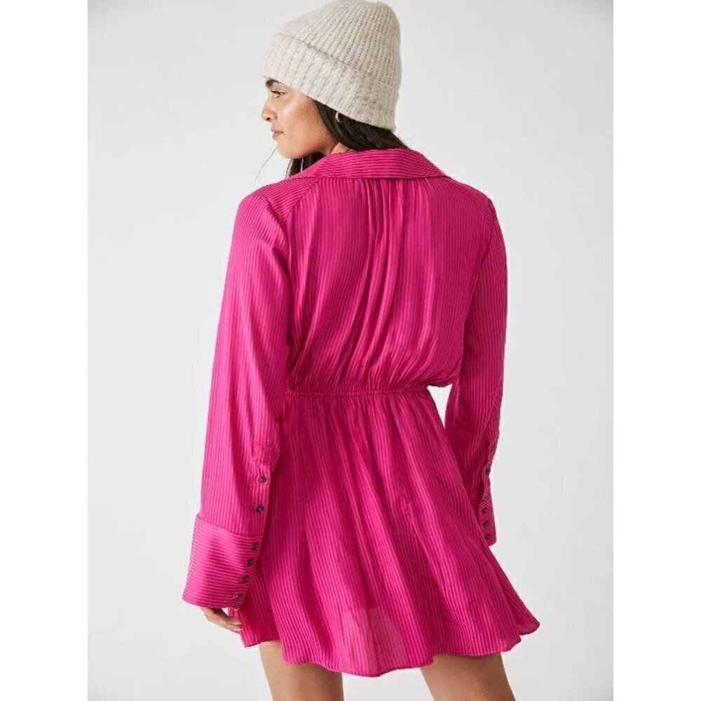 FREE PEOPLE Everly Pinstripe Long Sleeve Shirtdress in Pink Phenom Size X-Small - Picture 4 of 11